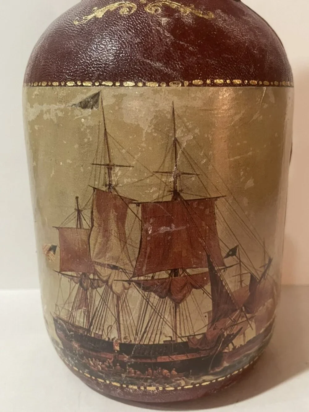 Fausto Corduri-Leather Wrap Nautical Liquor Bottle w Clipper Ship Flag Wood Top